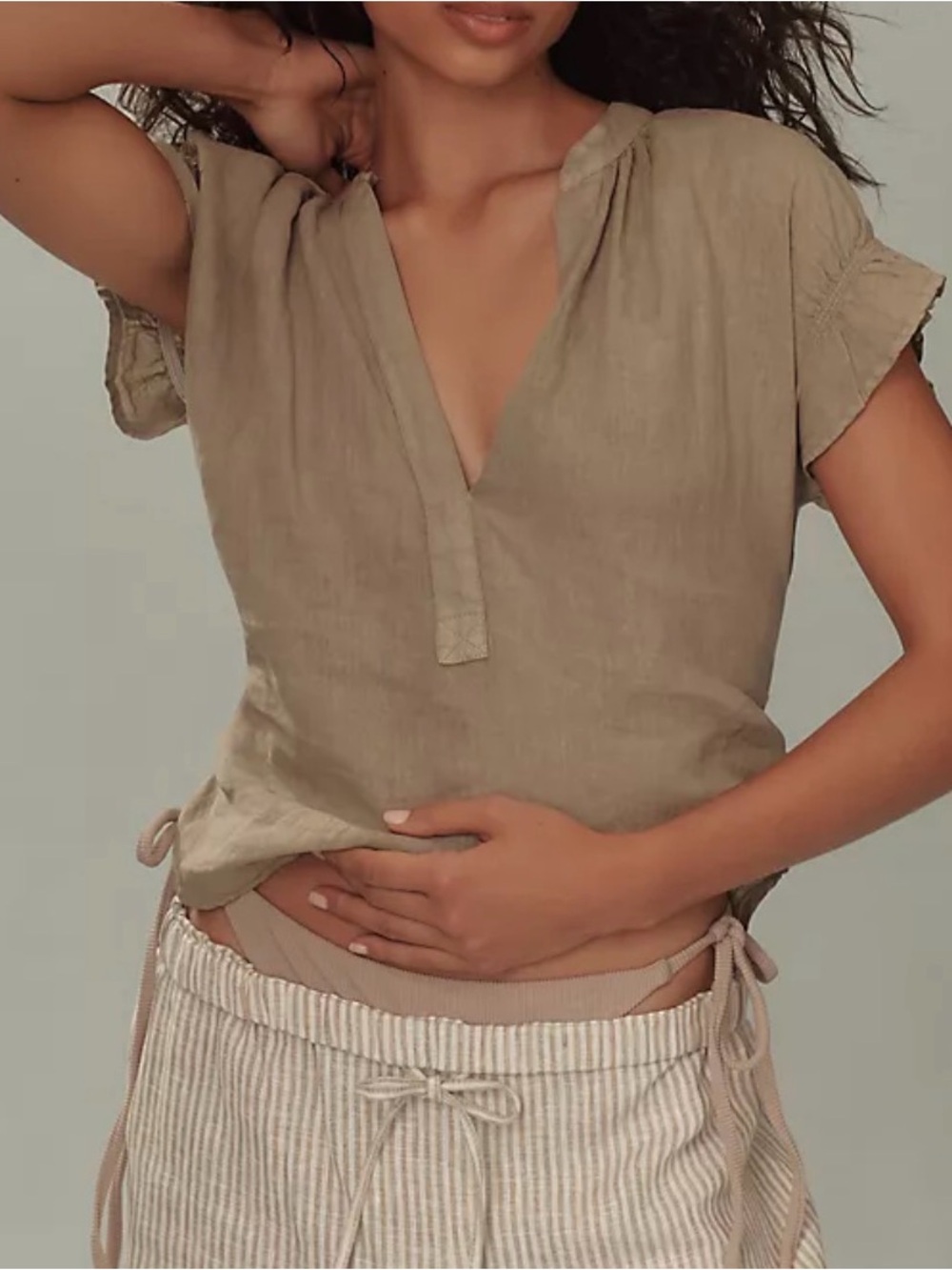 Pilcro Linen Short Sleeve Popover Top Sage Green Small
